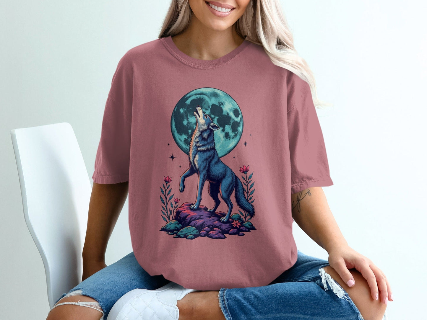 Wolf Moon Graphic Floral Stylish Women Design Printed T-Shirt - IconVexa