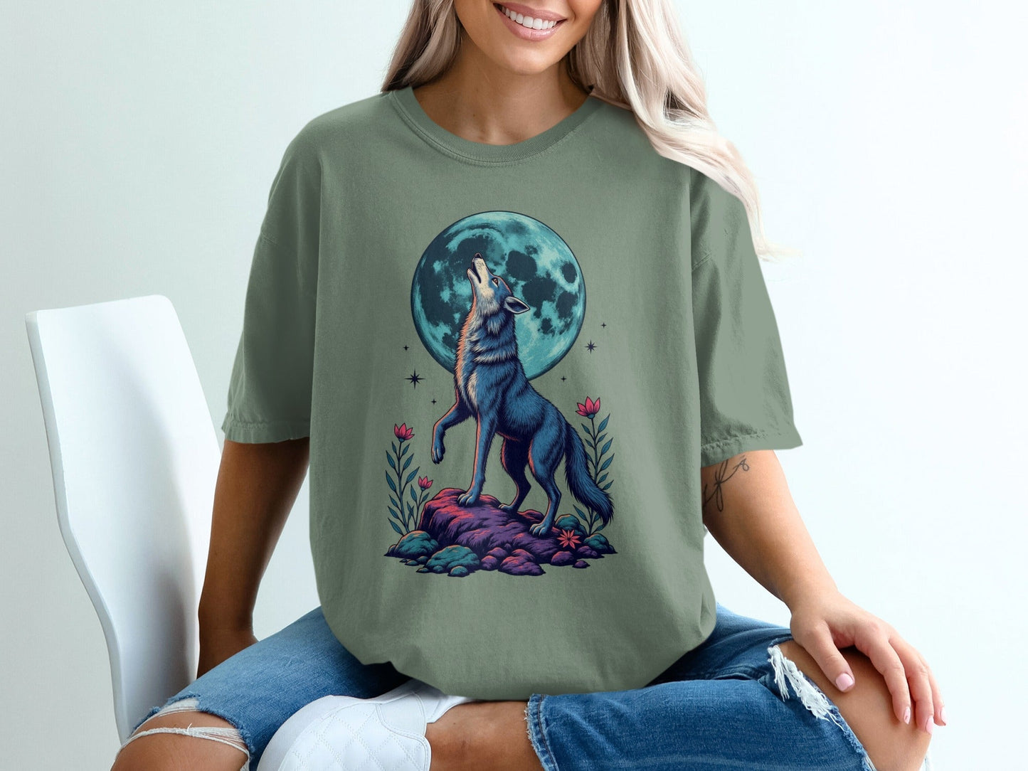 Wolf Moon Graphic Floral Stylish Women Design Printed T-Shirt - IconVexa