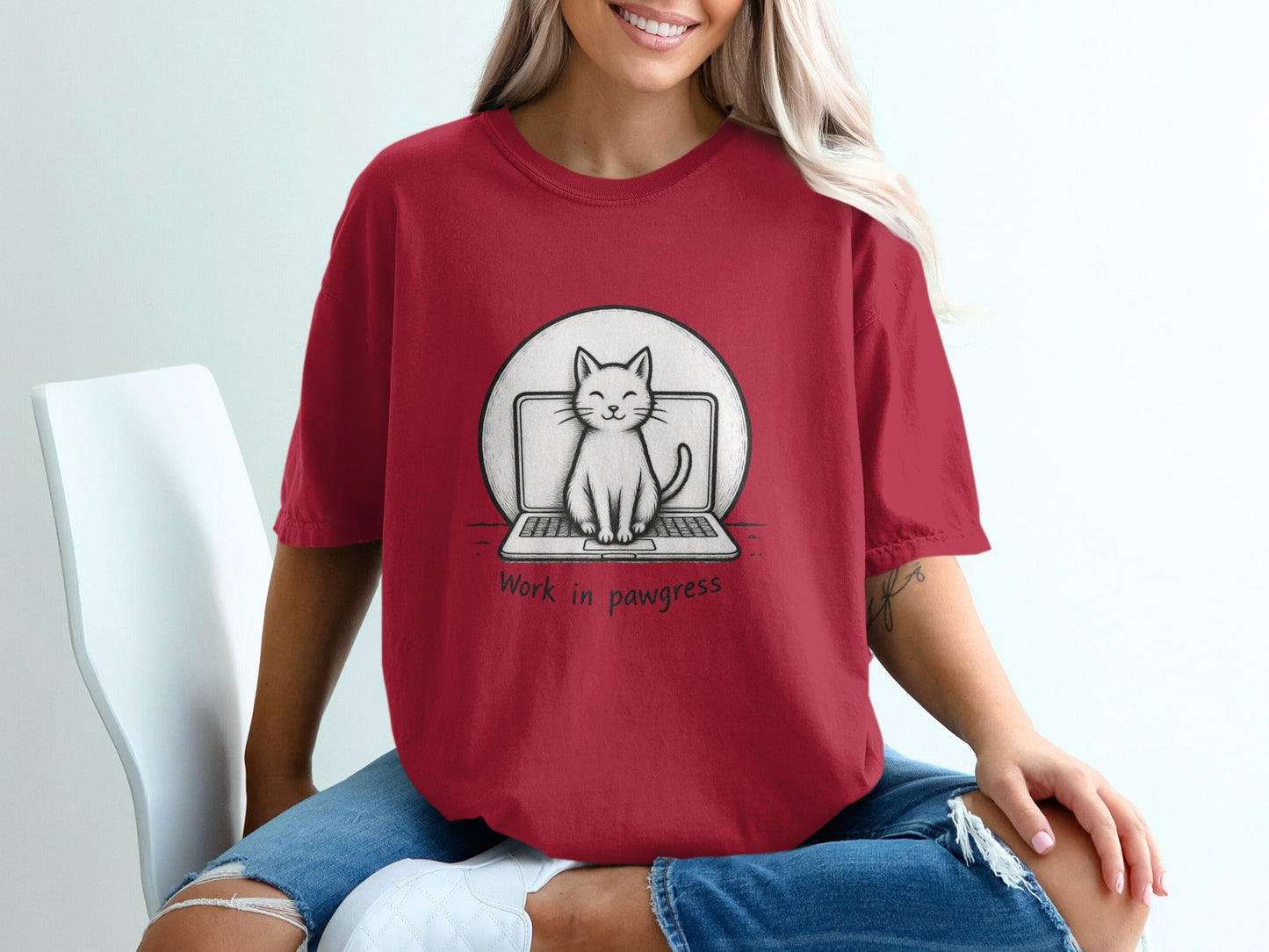 Work in Pawgress Cat and Laptop Funny Design T-Shirt - IconVexa