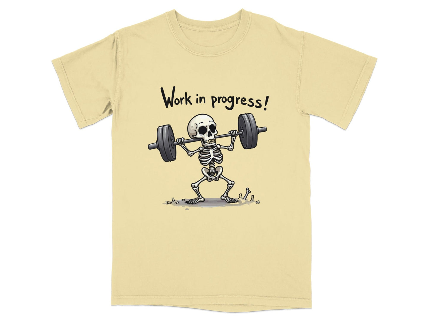 Work In Progress Skeleton Weightlifting Funny Graphic T-Shirt - IconVexa
