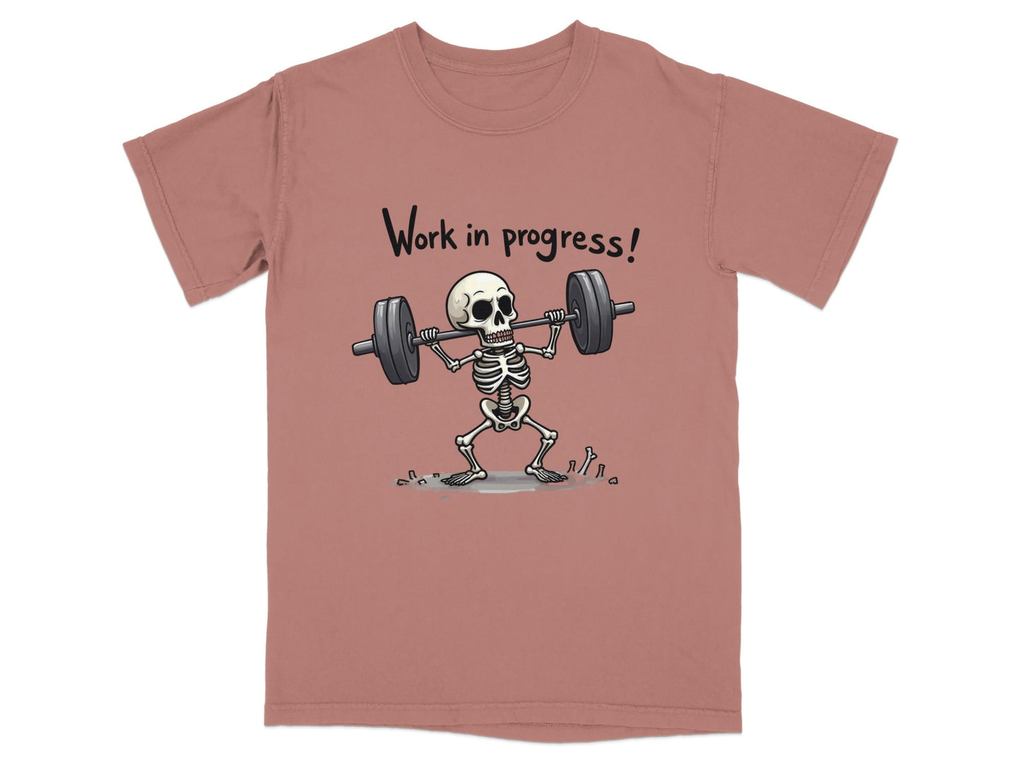 Work In Progress Skeleton Weightlifting Funny Graphic T-Shirt - IconVexa