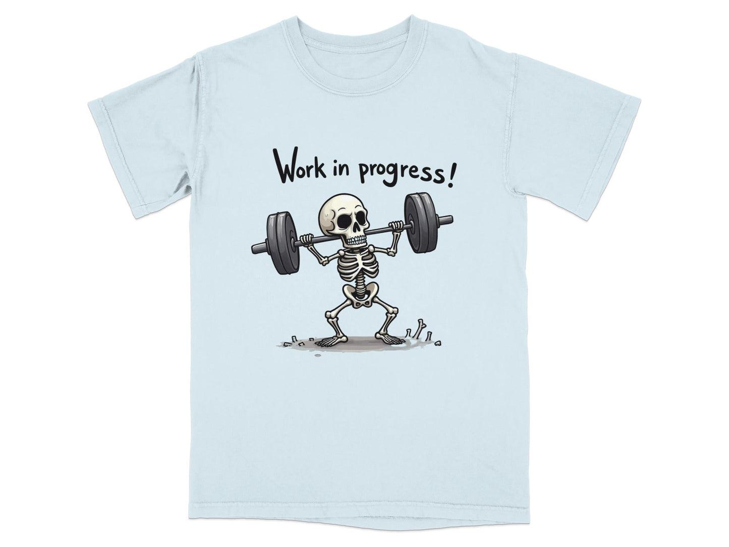 Work In Progress Skeleton Weightlifting Funny Graphic T-Shirt - IconVexa