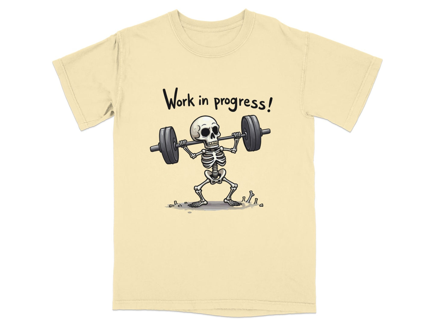 Work In Progress Skeleton Weightlifting Funny Graphic T-Shirt - IconVexa