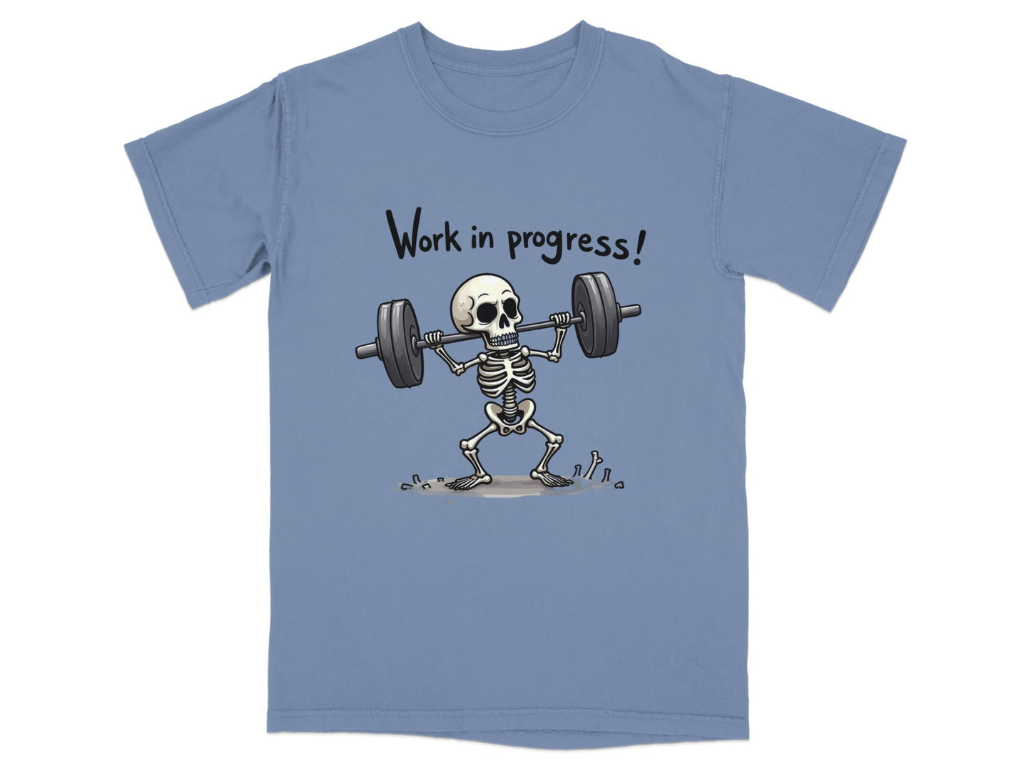 Work In Progress Skeleton Weightlifting Funny Graphic T-Shirt - IconVexa