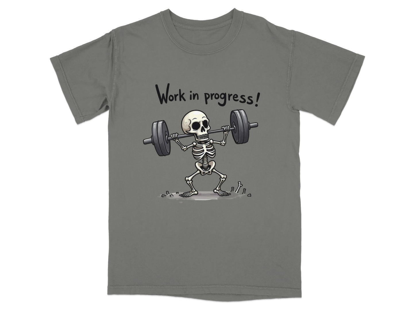 Work In Progress Skeleton Weightlifting Funny Graphic T-Shirt - IconVexa