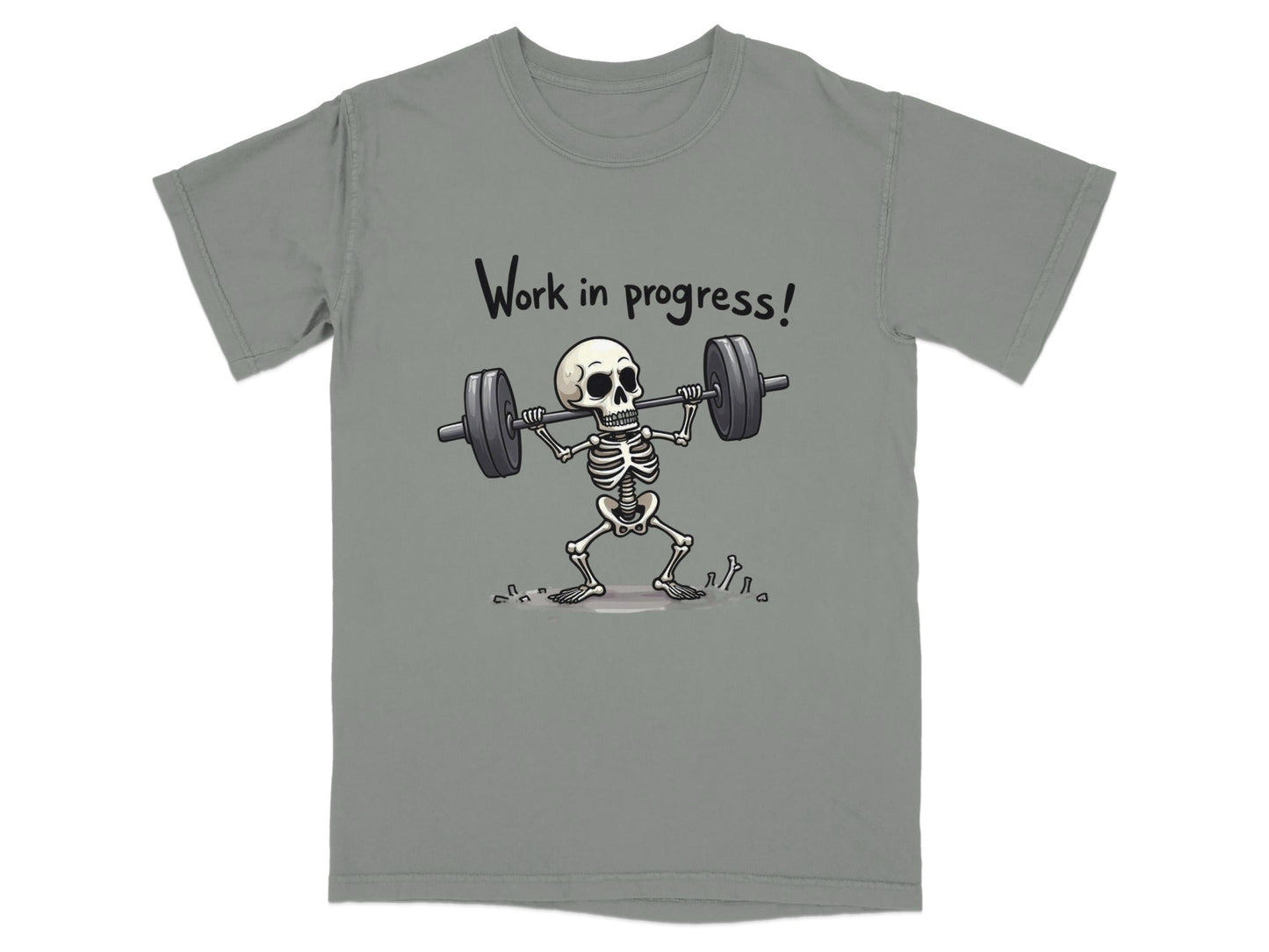 Work In Progress Skeleton Weightlifting Funny Graphic T-Shirt - IconVexa