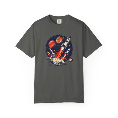 Rocket Launch T-Shirt | Retro Sci - Fi Graphic Tee | Outer Space Shirt for Space Lovers - IconVexa