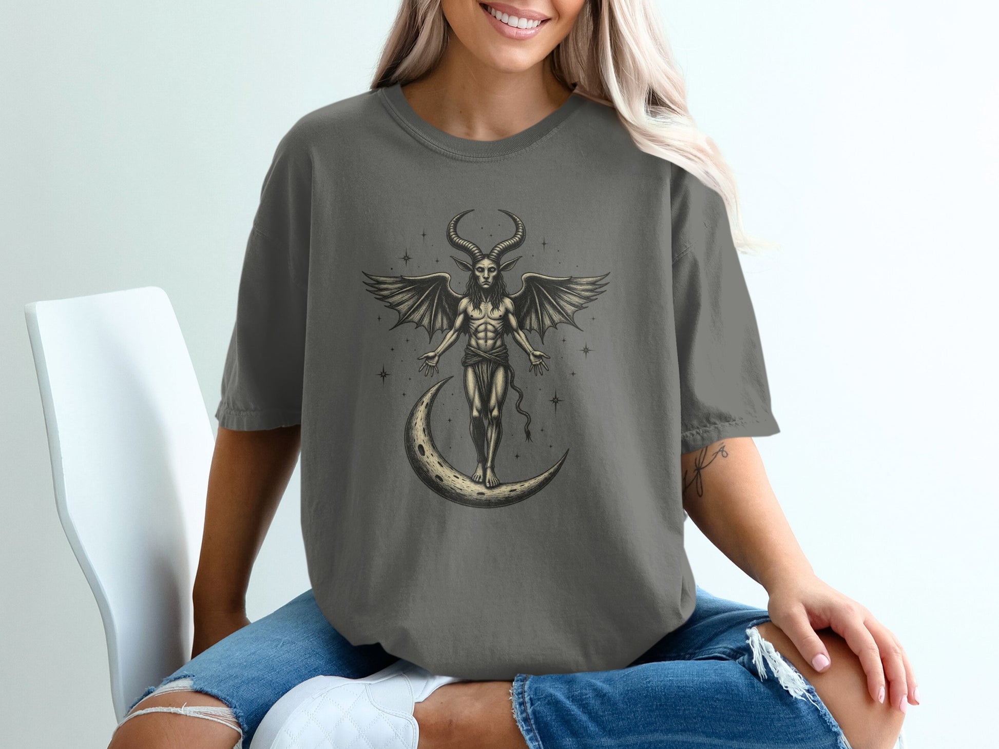 Winged Demon Sitting on Crescent Moon Graphic T-Shirt