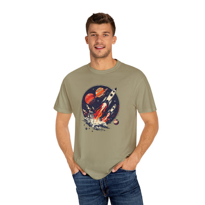 Rocket Launch T-Shirt | Retro Sci - Fi Graphic Tee | Outer Space Shirt for Space Lovers - IconVexa