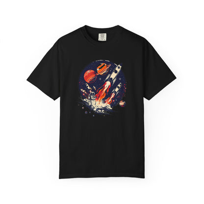 Rocket Launch T-Shirt | Retro Sci - Fi Graphic Tee | Outer Space Shirt for Space Lovers - IconVexa