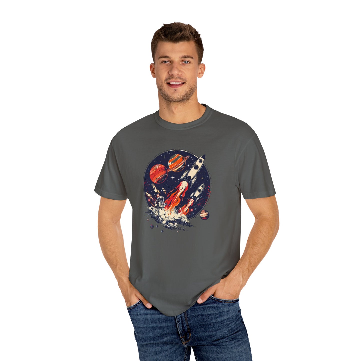 Rocket Launch T-Shirt | Retro Sci-Fi Graphic Tee | Outer Space Shirt for Space Lovers