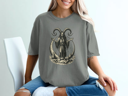 Mysterious Goat Horned Figure Graphic Print T-shirt product type