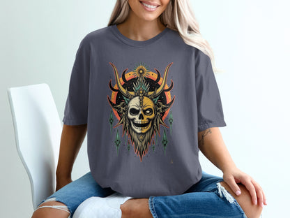 Unique Skull and Antlers Design Grey T-shirt product type