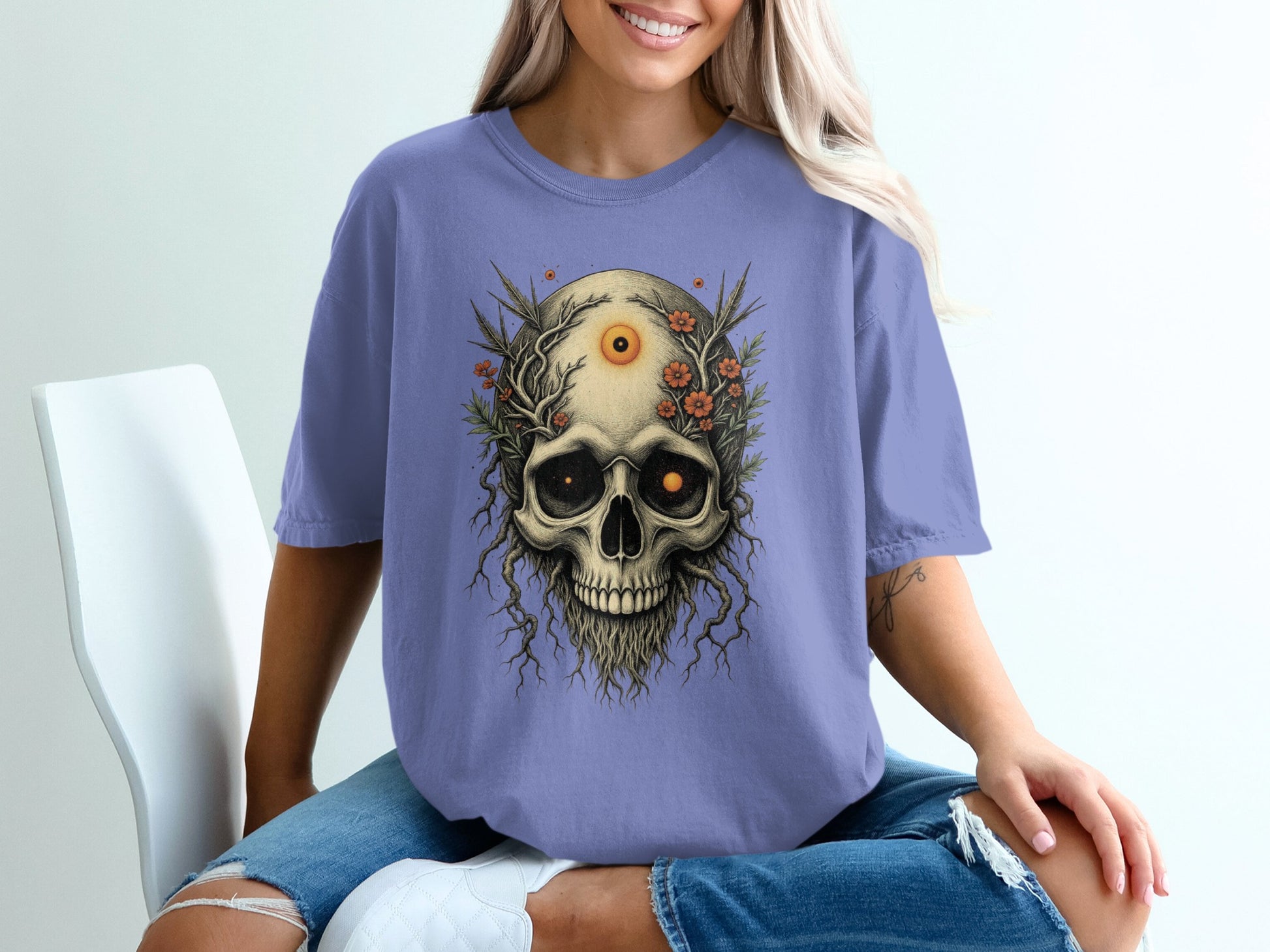 Floral Skull Graphic Design T-shirt Casual Wear product