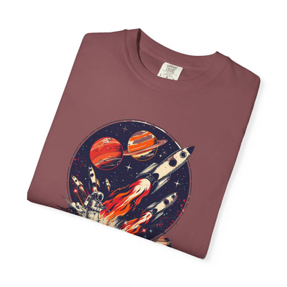 Rocket Launch T-Shirt | Retro Sci - Fi Graphic Tee | Outer Space Shirt for Space Lovers - IconVexa