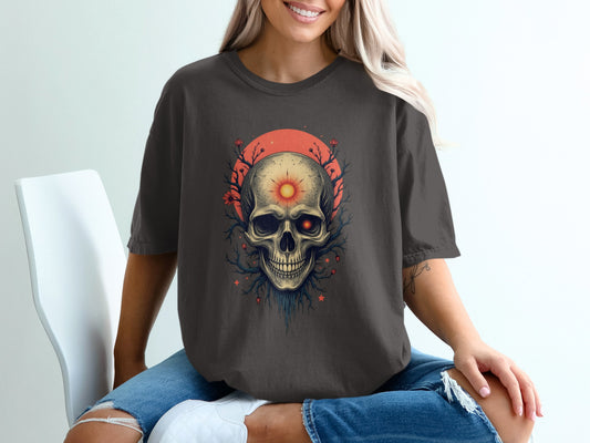 Skull with Red Sun and Branches Design T-Shirt product type
