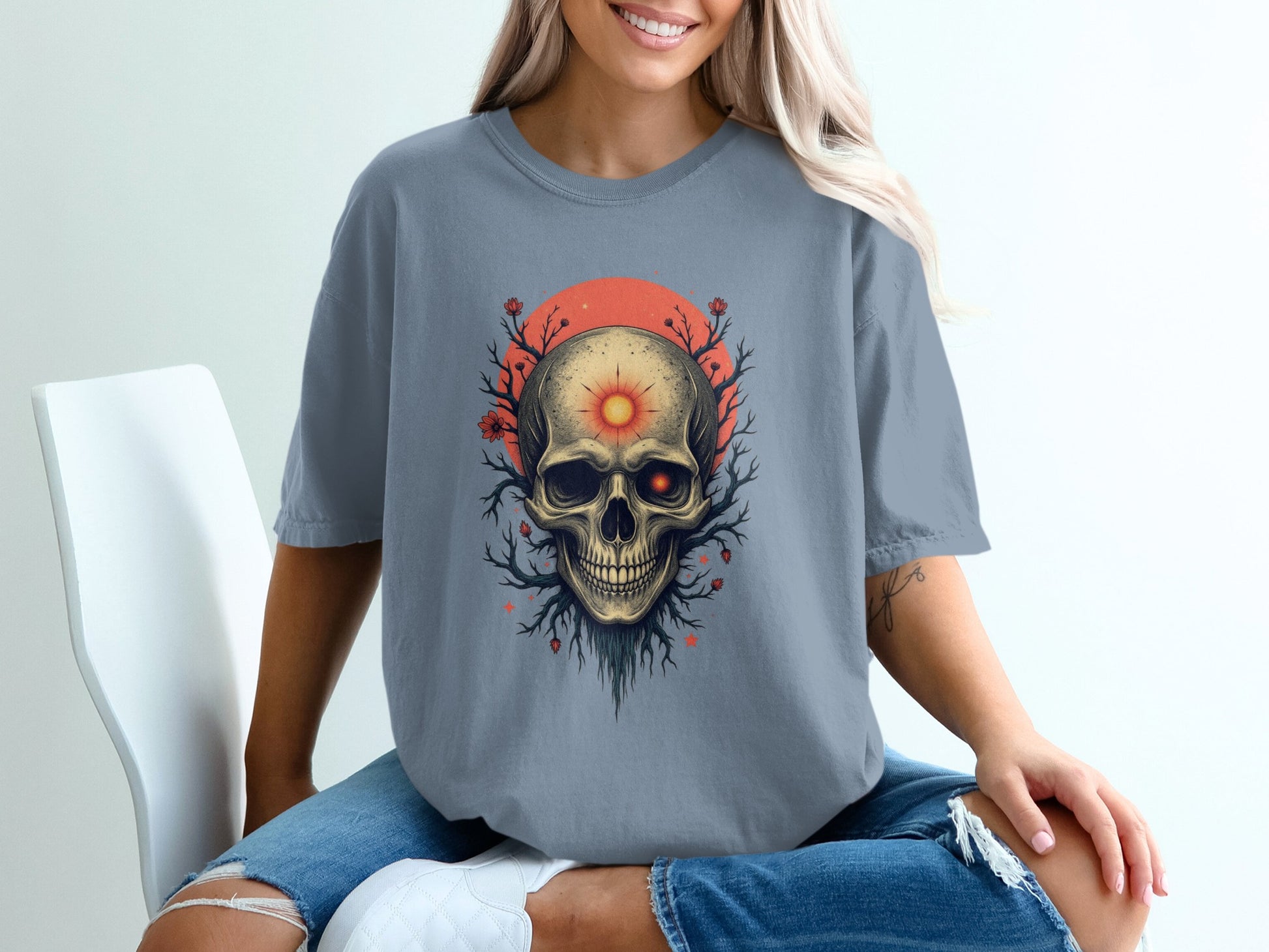 Vivid Skull With Fiery Eyes Graphic Tee Shirt product