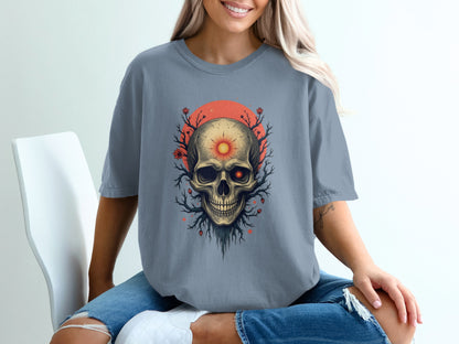 Vivid Skull With Fiery Eyes Graphic Tee Shirt product