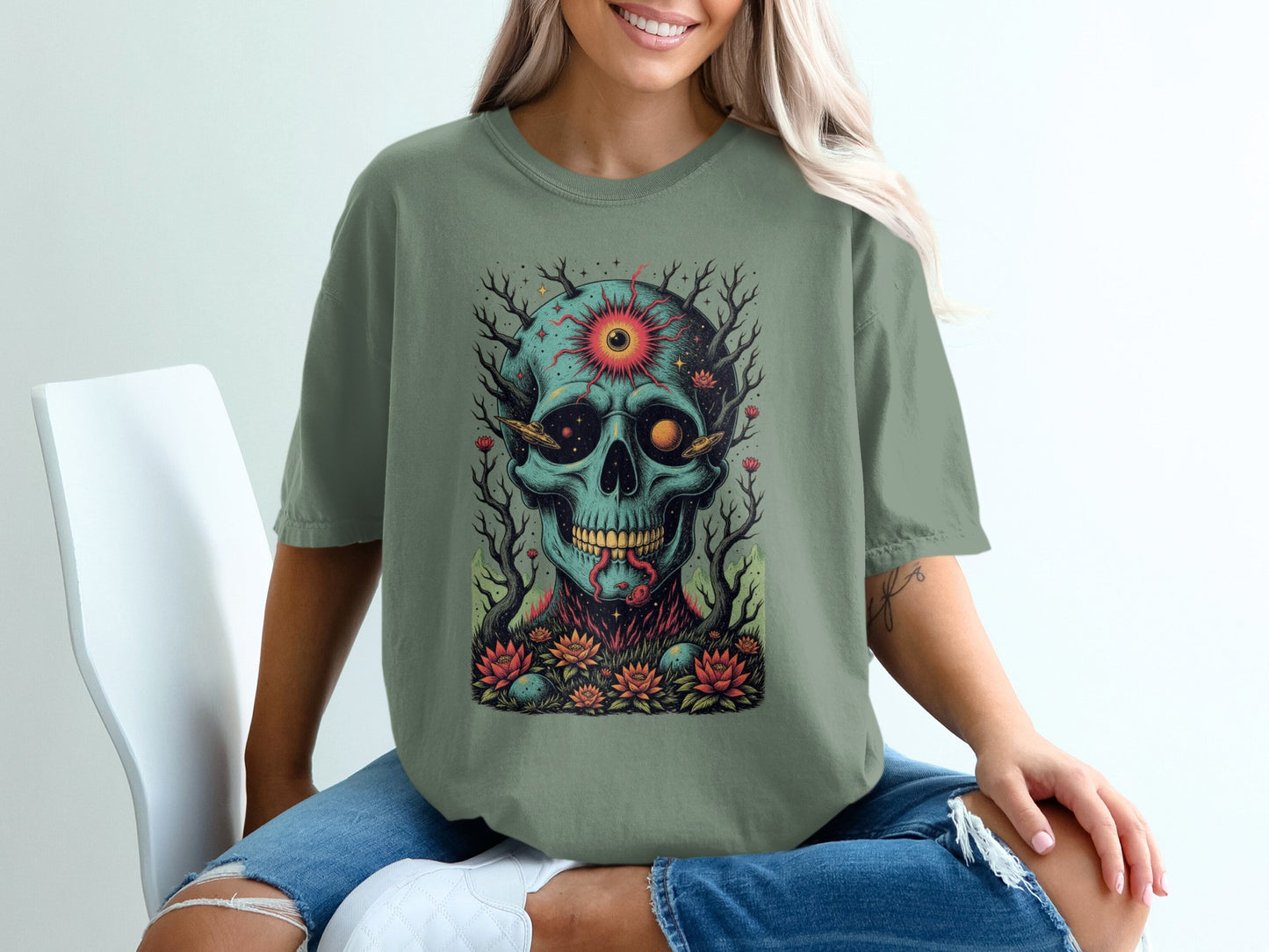 Mystical Skull and Flowers Design T-shirt product type