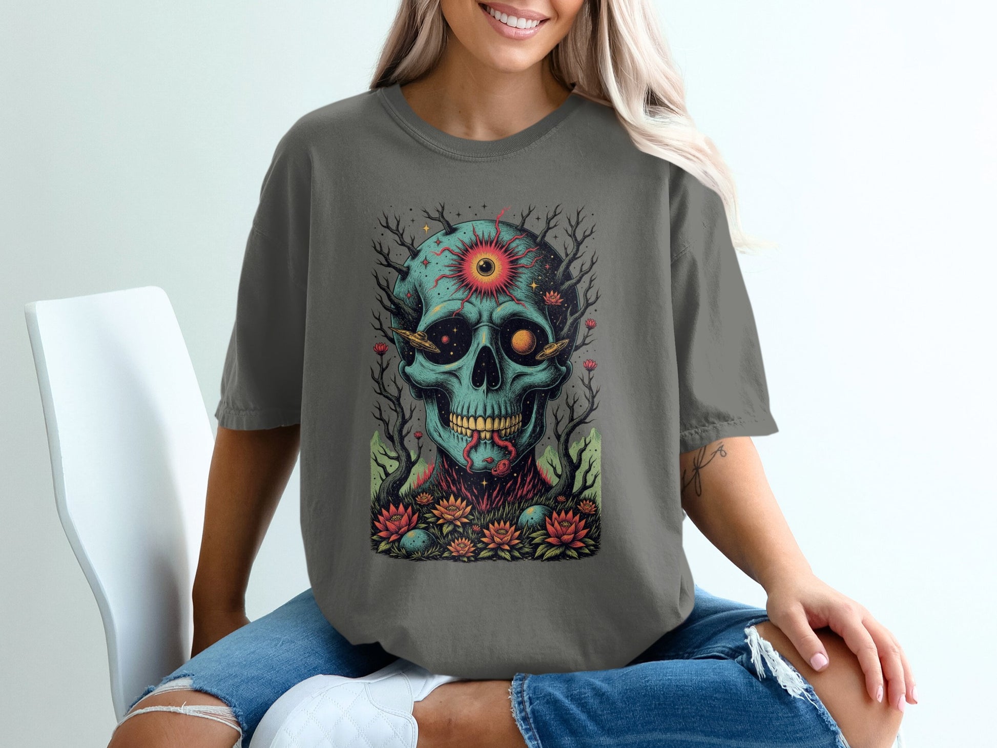 Skull with Flowers and Branches Graphic T-Shirt product