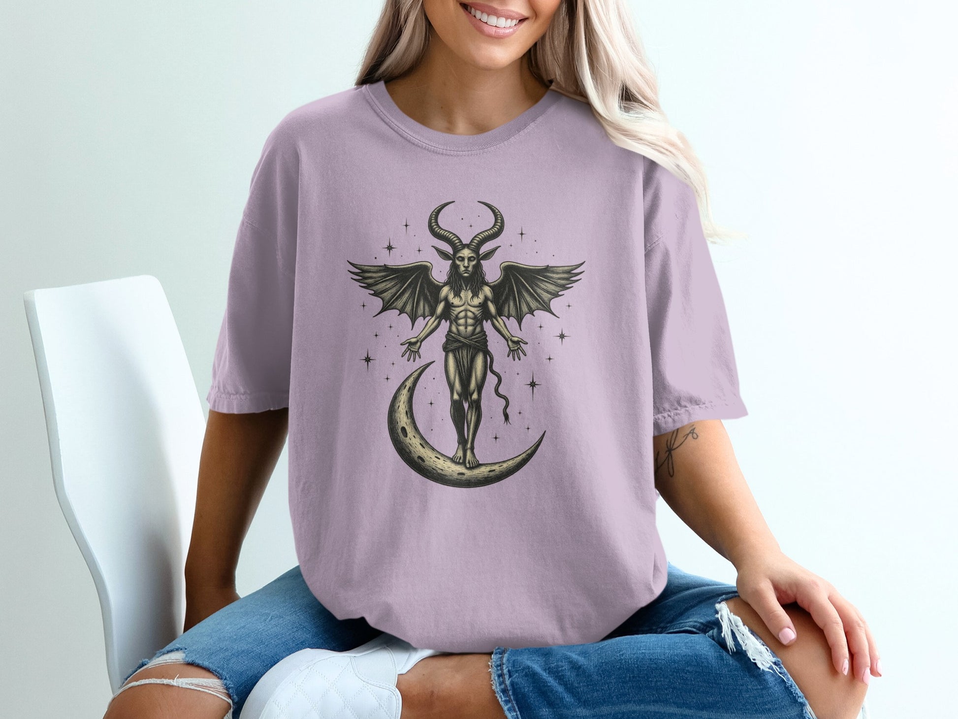 Gothic Winged Creature on Moon Graphic Shirt product