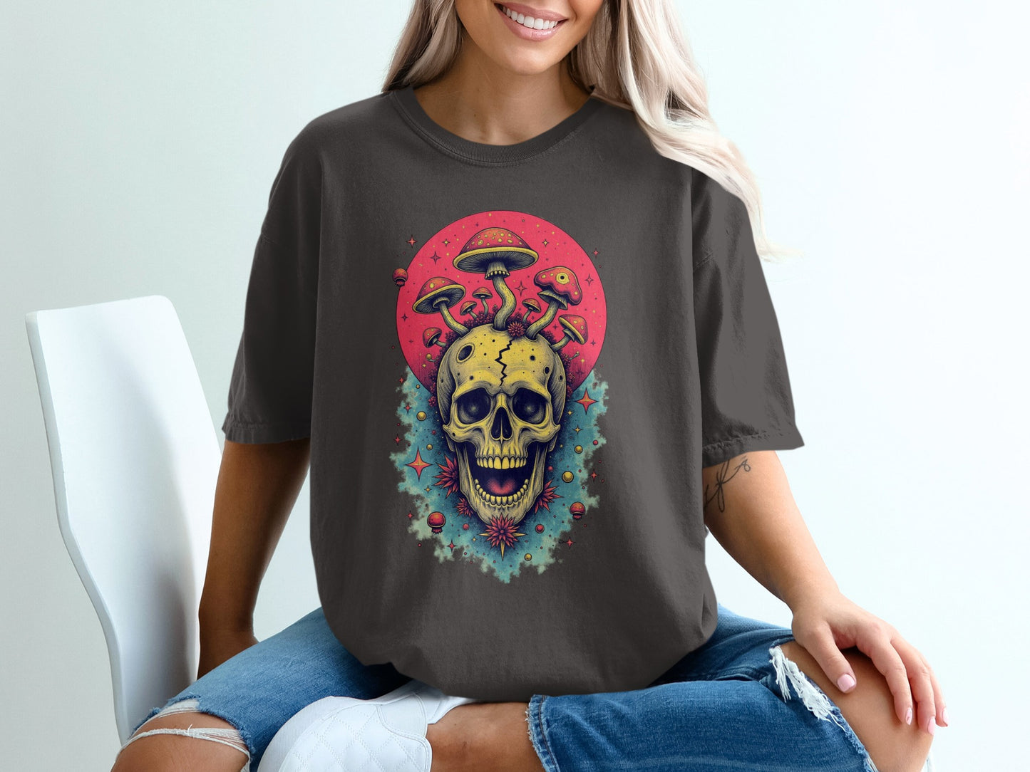 Psychedelic Skull and Mushrooms Graphic T-shirt product