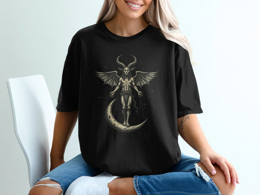 Mystical Demon on Crescent Moon Graphic Tee product