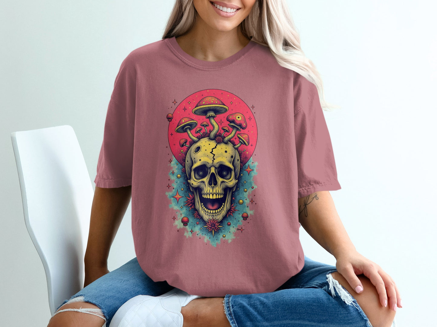 Psychedelic Skull and Mushrooms Design T-shirt product type