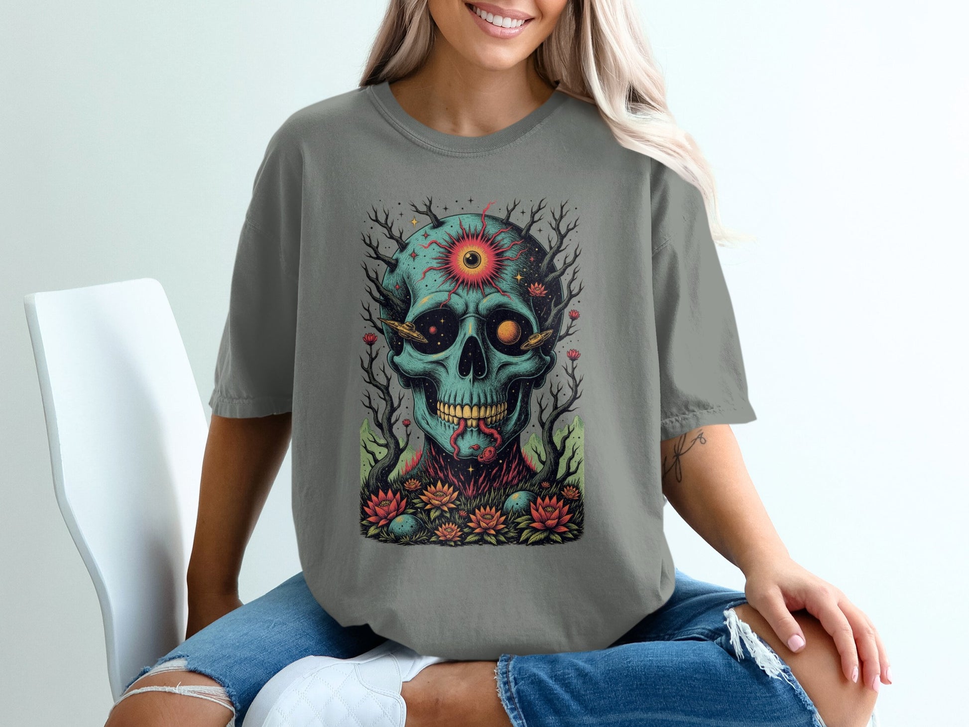 Colorful Skull Graphic T-Shirt with Floral Design product