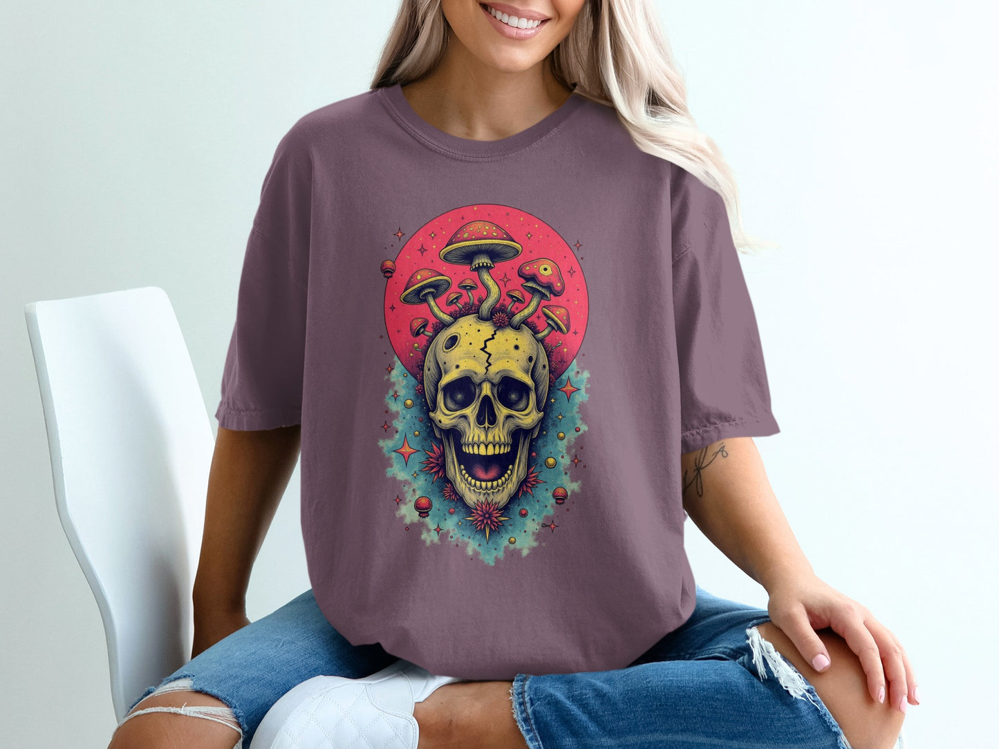 Vibrant Skull and Mushrooms Unique Graphic Tee product