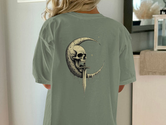 Skull and Crescent Moon Design on T-shirt product