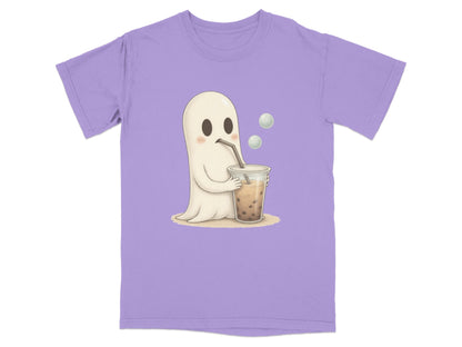 Adorable Ghost Drinking Boba Tea Graphic Novelty T-Shirt - IconVexa