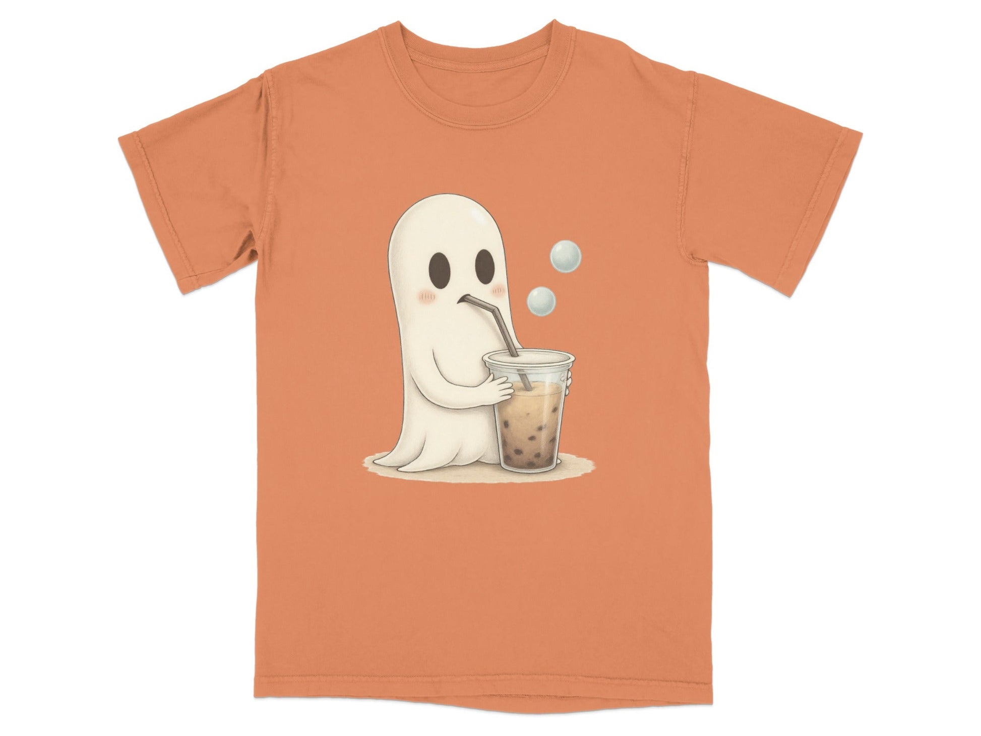 Adorable Ghost Drinking Boba Tea Graphic Novelty T-Shirt - IconVexa
