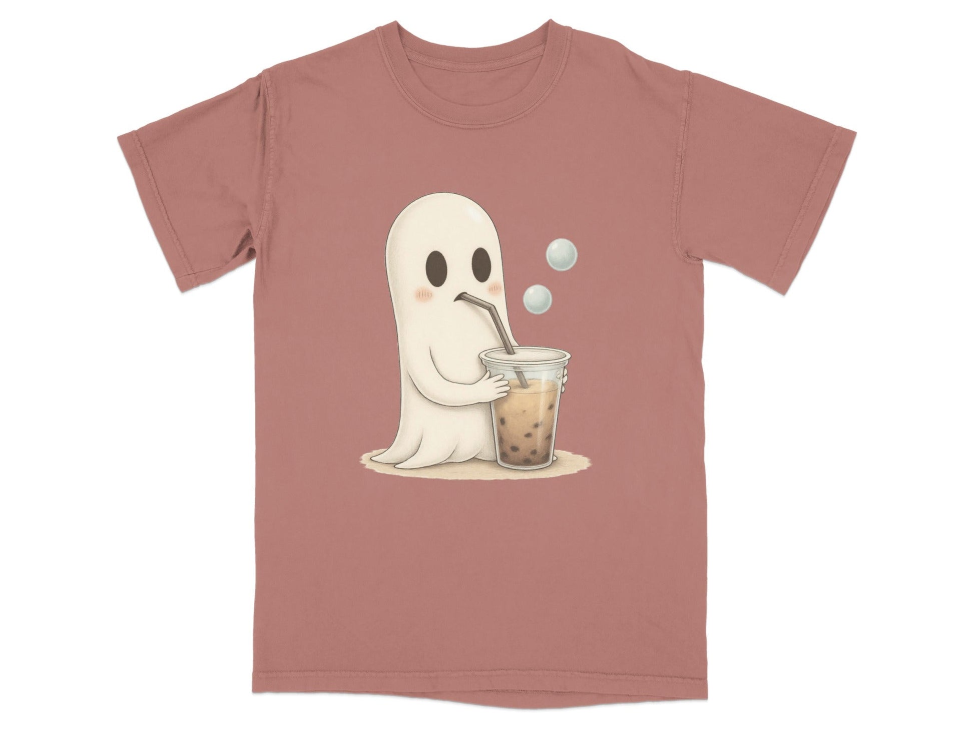 Adorable Ghost Drinking Boba Tea Graphic Novelty T-Shirt - IconVexa
