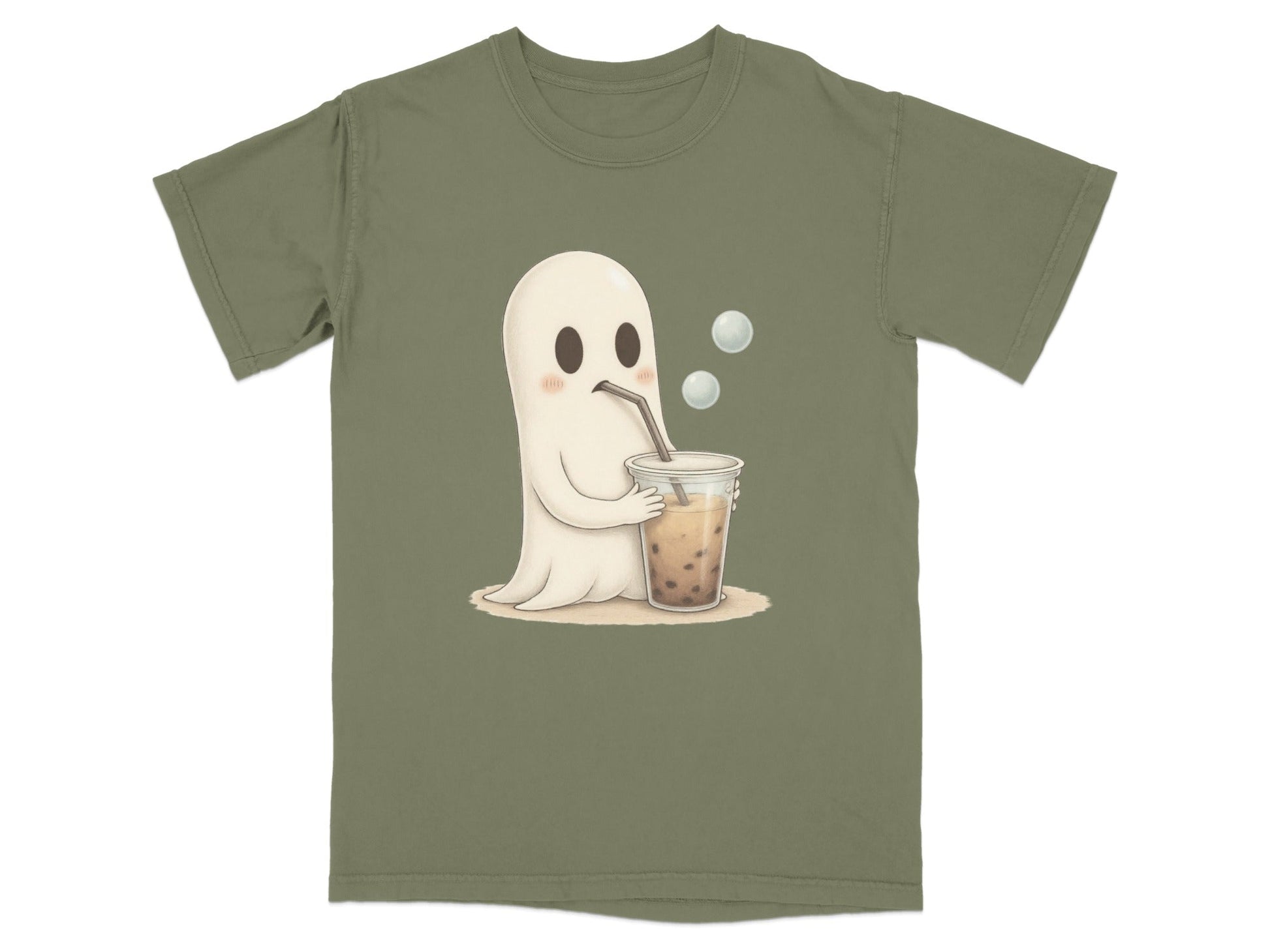 Adorable Ghost Drinking Boba Tea Graphic Novelty T-Shirt - IconVexa
