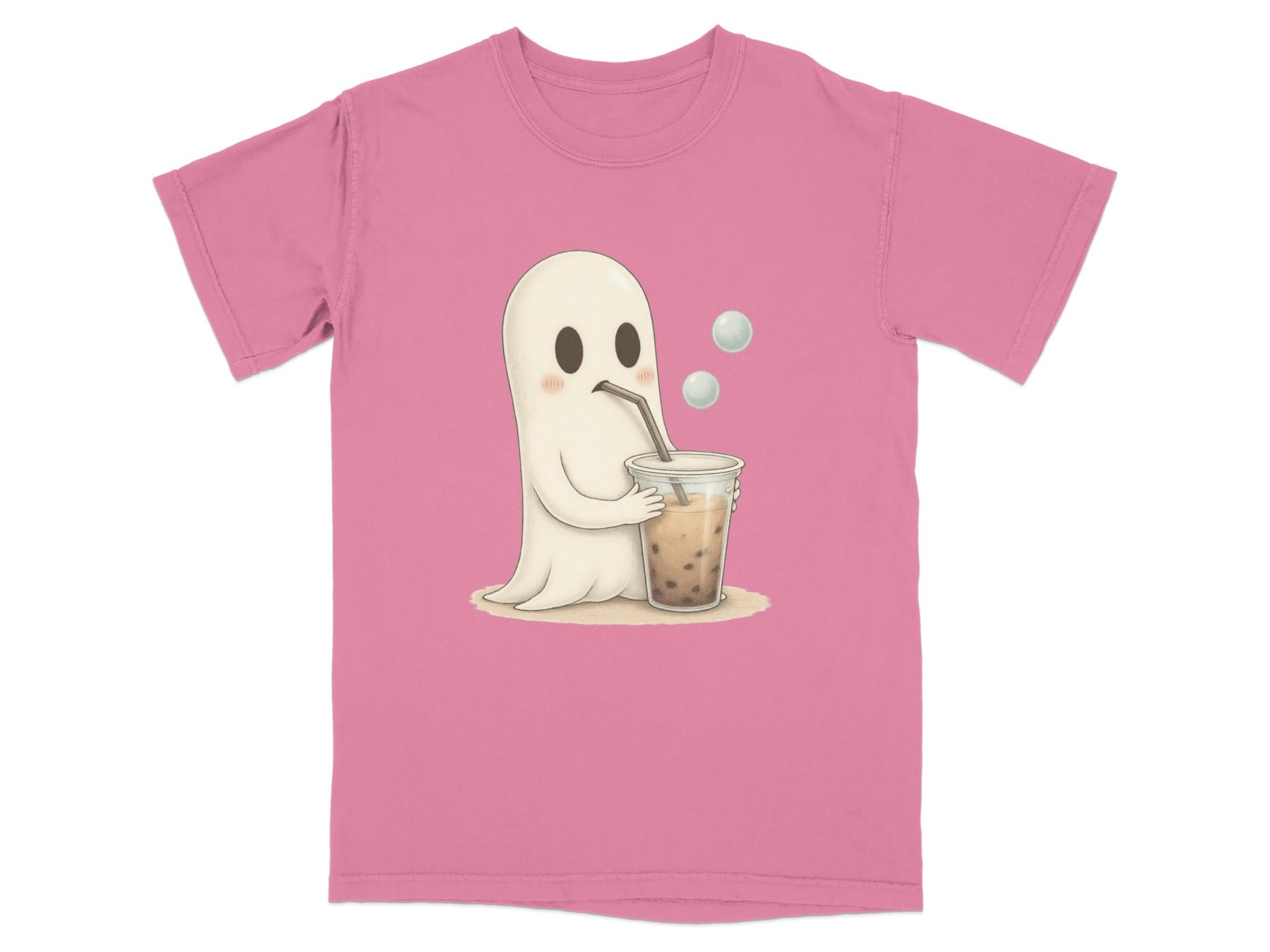 Adorable Ghost Drinking Boba Tea Graphic Novelty T-Shirt - IconVexa