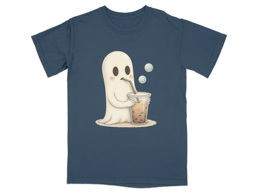 Adorable Ghost Drinking Boba Tea Graphic Novelty T-Shirt - IconVexa