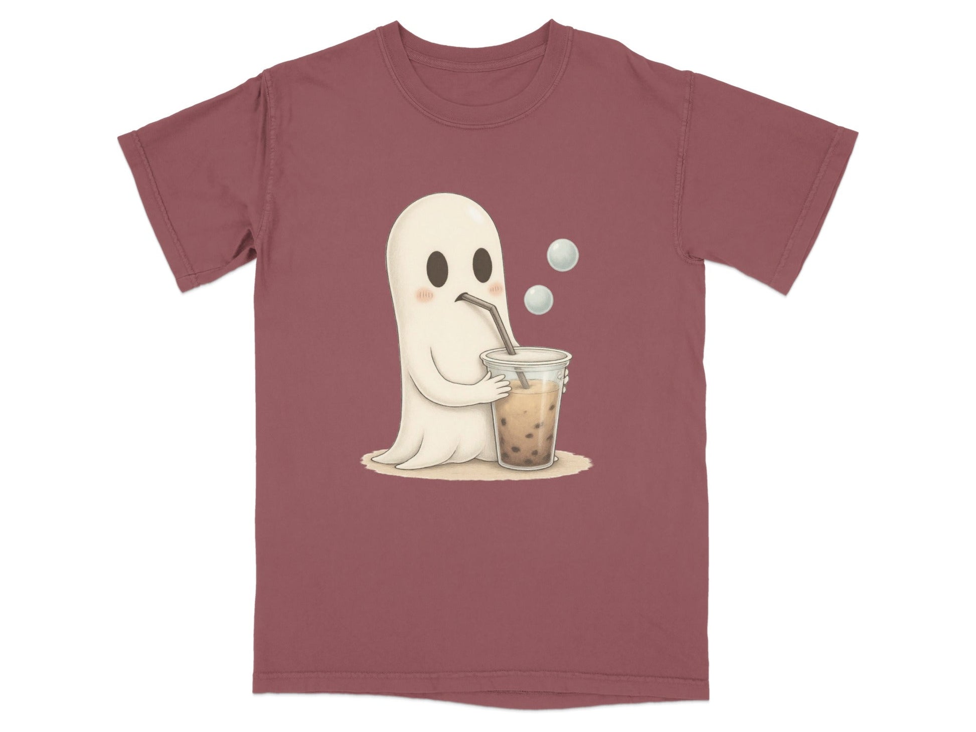 Adorable Ghost Drinking Boba Tea Graphic Novelty T-Shirt - IconVexa