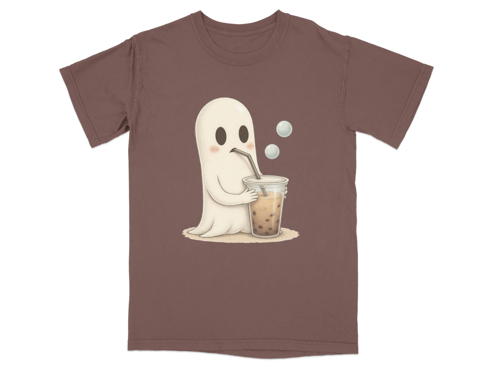 Adorable Ghost Drinking Boba Tea Graphic Novelty T-Shirt - IconVexa