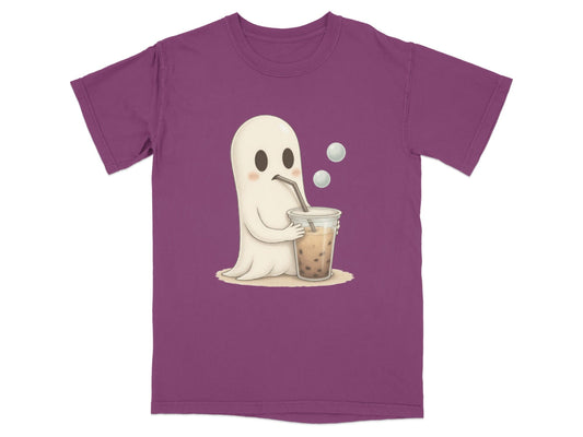 Adorable Ghost Drinking Boba Tea Graphic Novelty T-Shirt - IconVexa