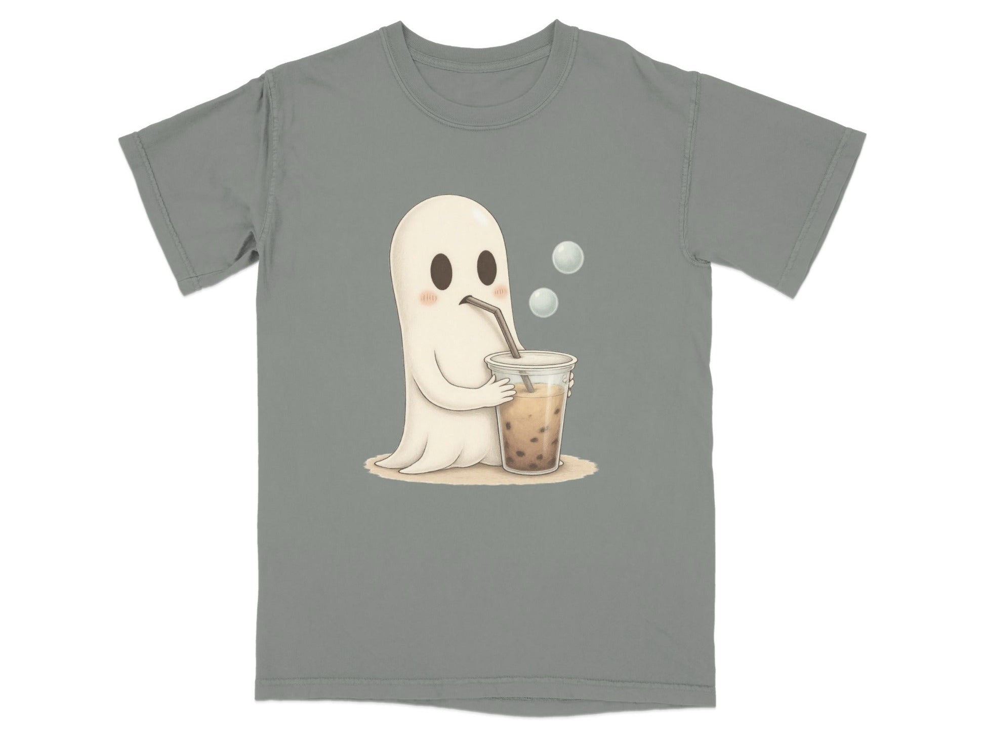 Adorable Ghost Drinking Boba Tea Graphic Novelty T-Shirt - IconVexa