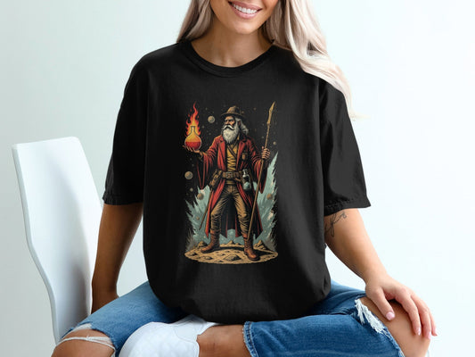 Alchemist holding fire with Spear Funny Wizardry T-Shirt - IconVexa