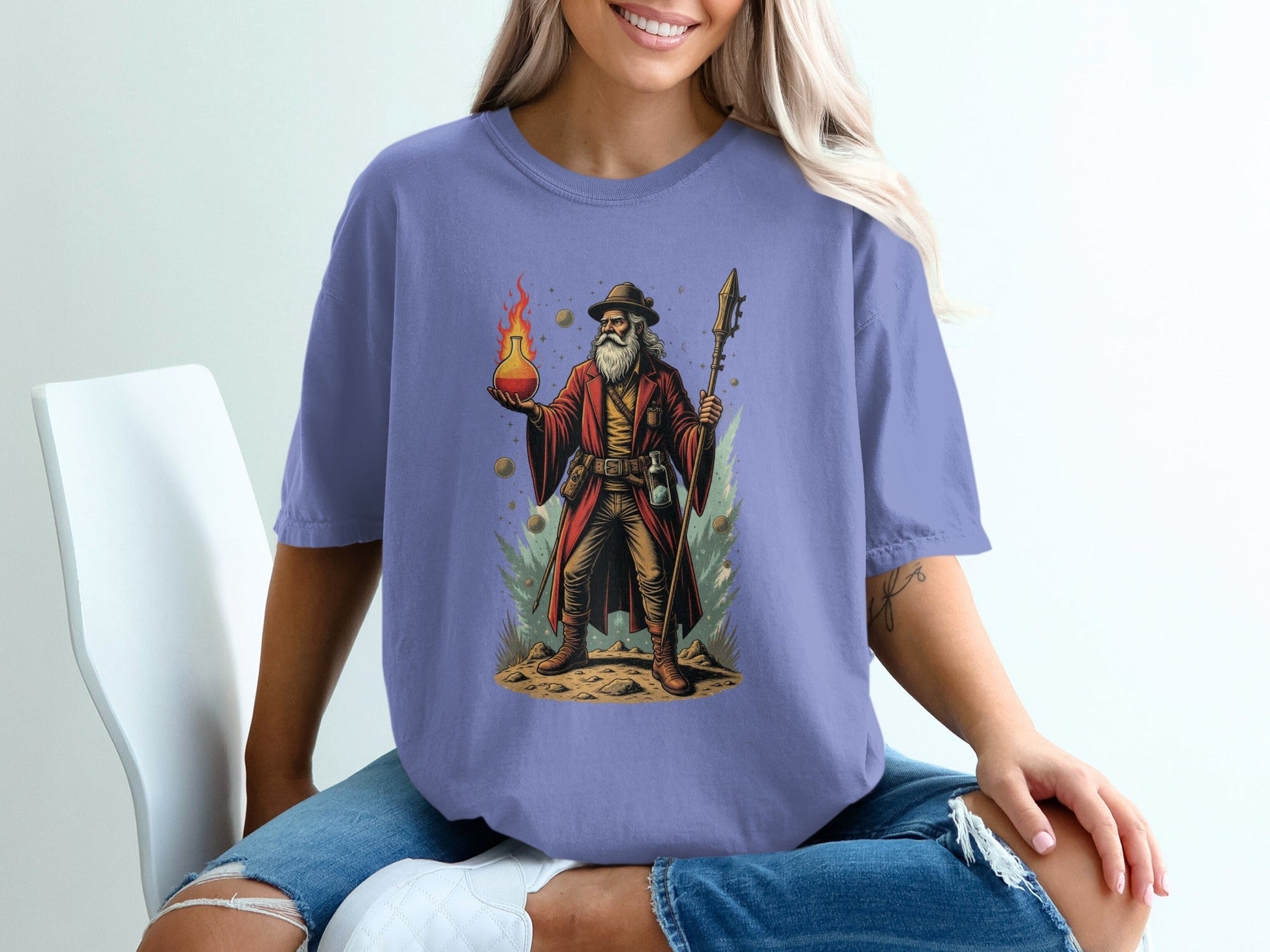 Alchemist holding fire with Spear Funny Wizardry T-Shirt - IconVexa