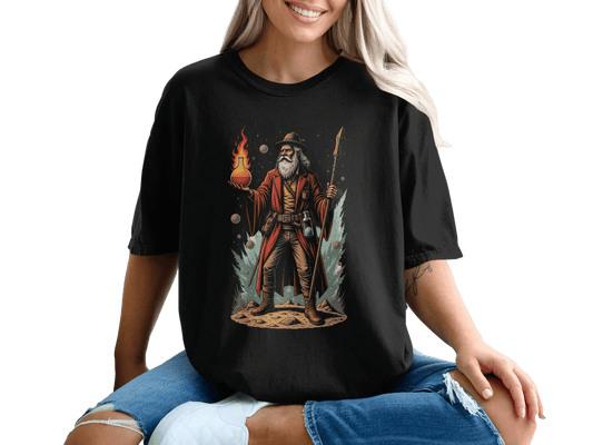 Alchemist holding fire with Spear Funny Wizardry T-Shirt - IconVexa