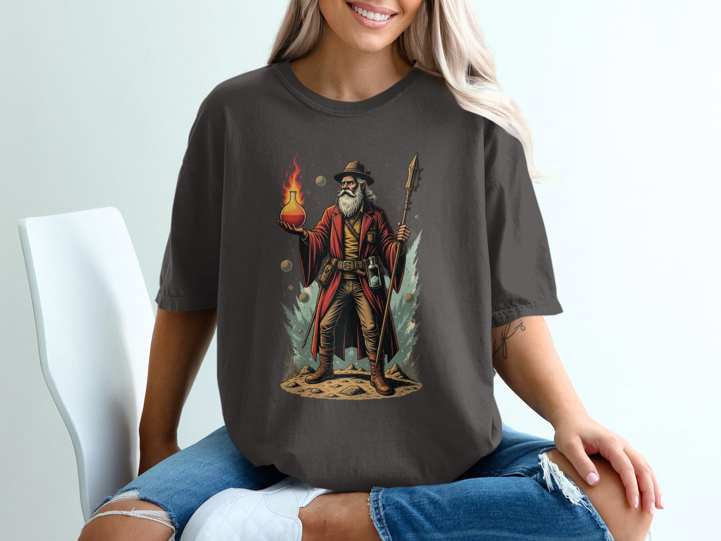 Alchemist holding fire with Spear Funny Wizardry T-Shirt - IconVexa