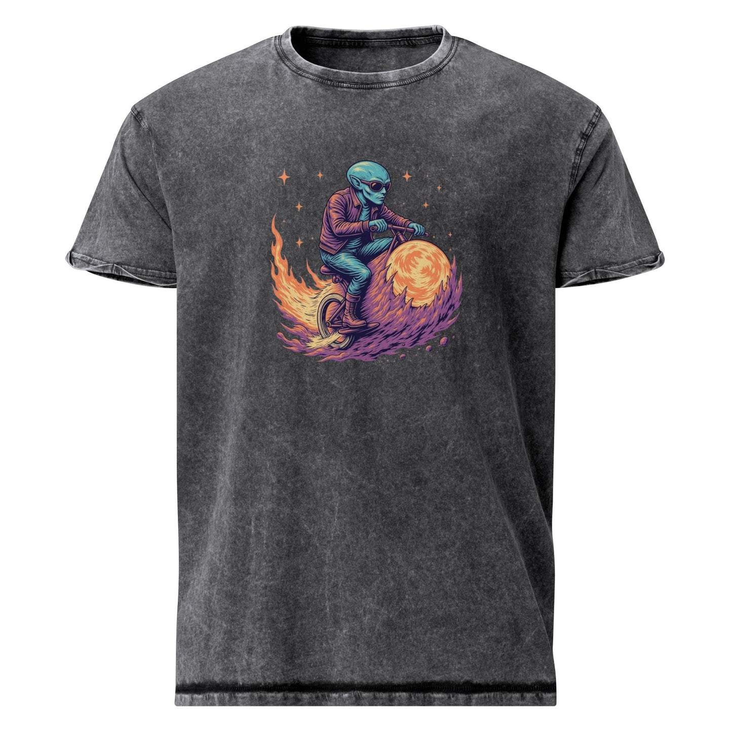 Alien Biker T-Shirt | Space Flame Rider Tee | Retro Sci - Fi Graphic Shirt for Geeks - IconVexa