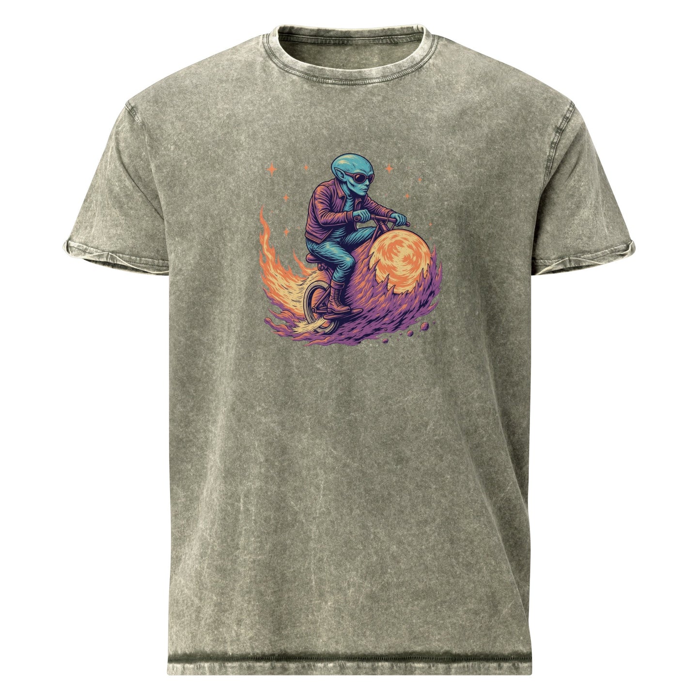 Alien Biker T-Shirt | Space Flame Rider Tee | Retro Sci - Fi Graphic Shirt for Geeks - IconVexa
