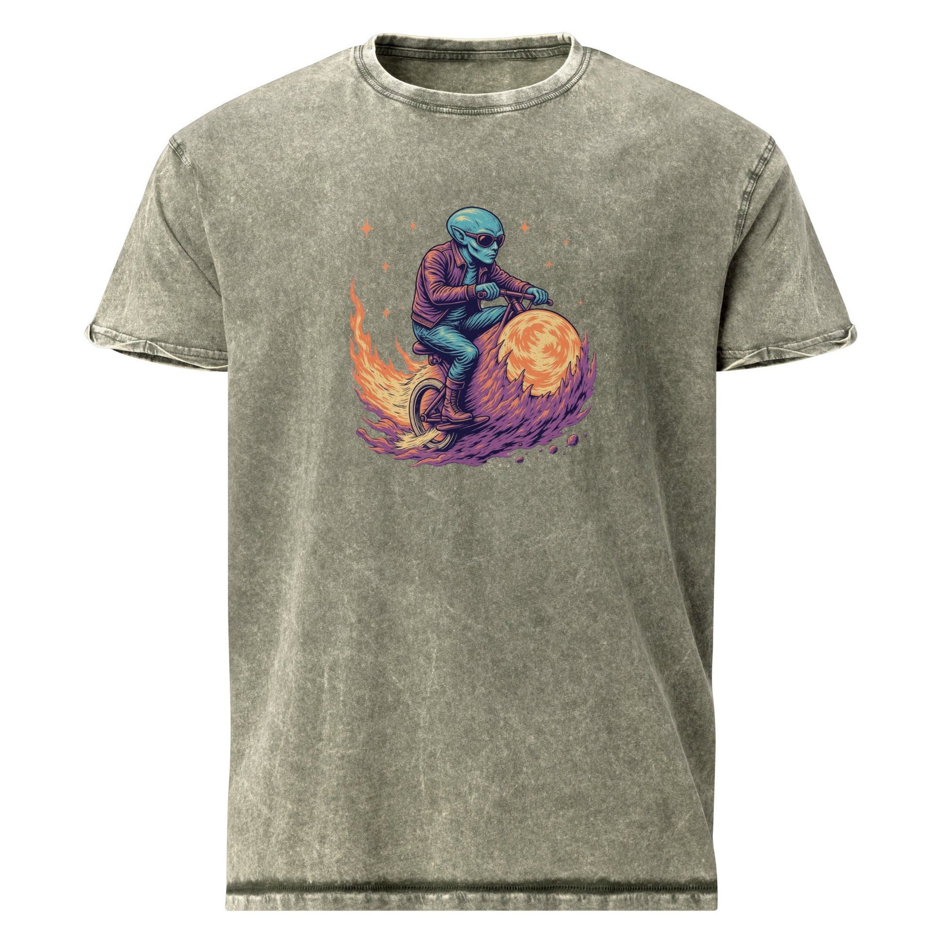 Alien Biker T-Shirt | Space Flame Rider Tee | Retro Sci - Fi Graphic Shirt for Geeks - IconVexa