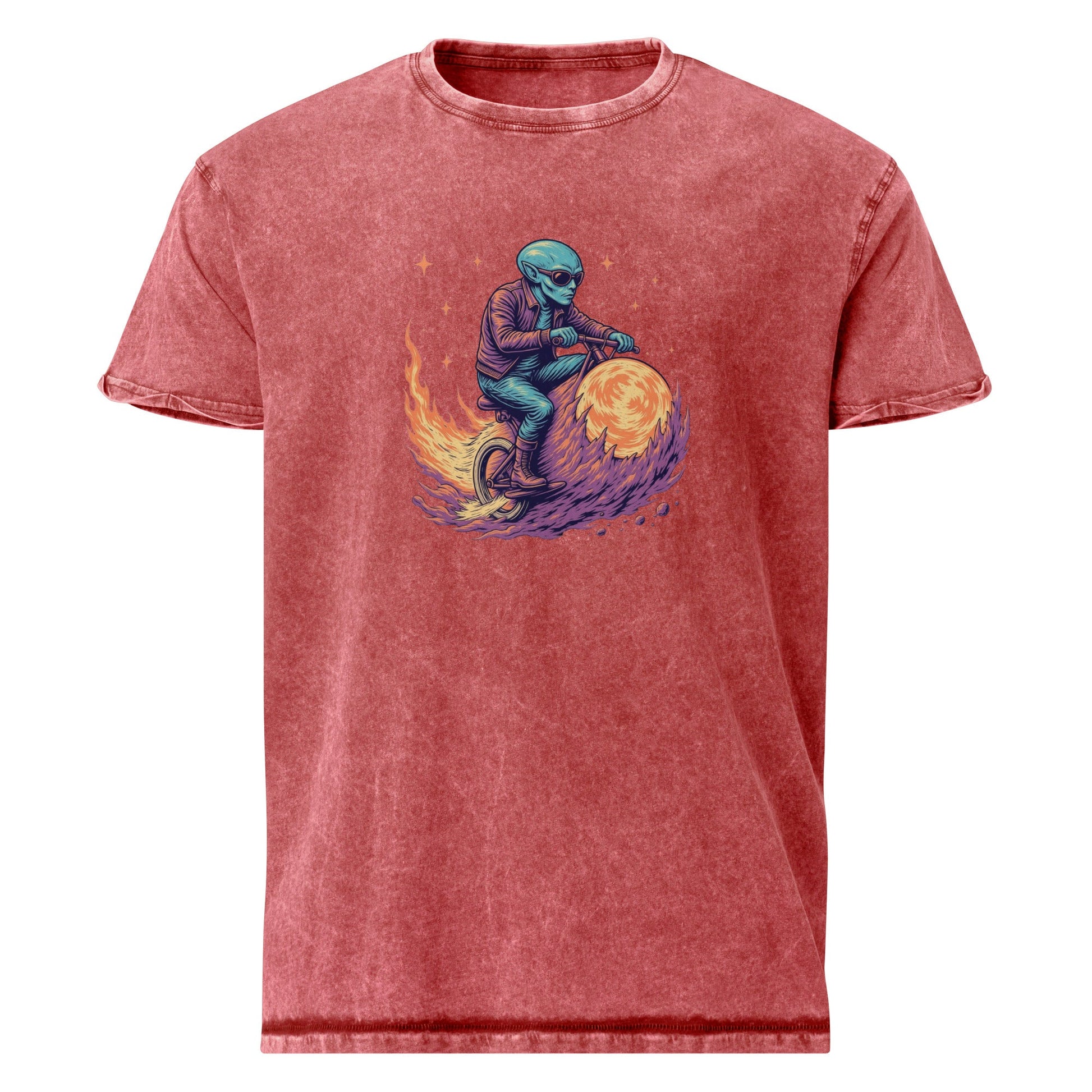 Alien Biker T-Shirt | Space Flame Rider Tee | Retro Sci - Fi Graphic Shirt for Geeks - IconVexa