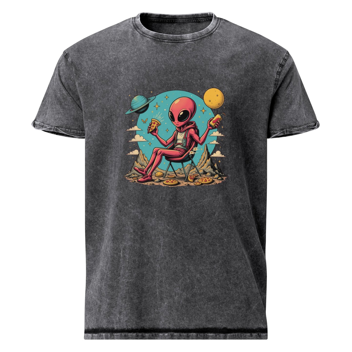Alien Eating Pizza in Space | Funny UFO Graphic Tee | Sci - Fi Retro Streetwear Shirt - IconVexa